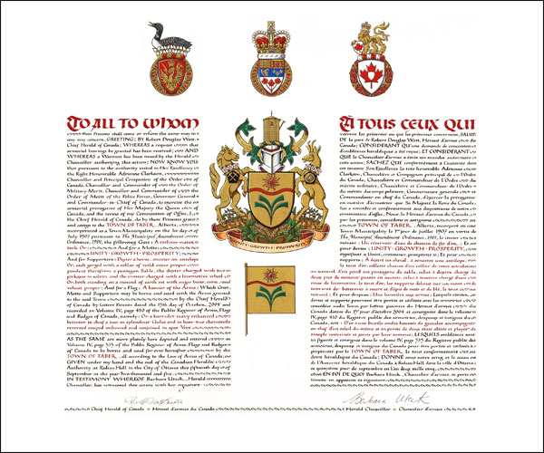 The Letters Patent of the Arms of the Town of Taber, Alberta.  The arms, banner and symbols of authority are hand painted and the calligraphy is hand written.